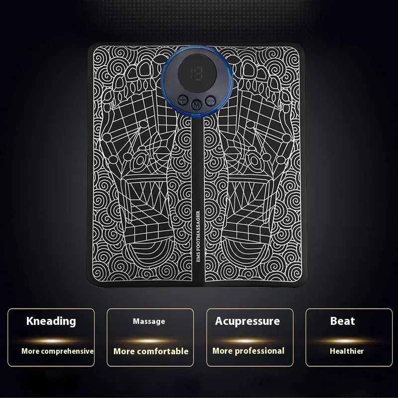 Pulse Micro-current leather foot massage cushions with remote control on a wooden floor.