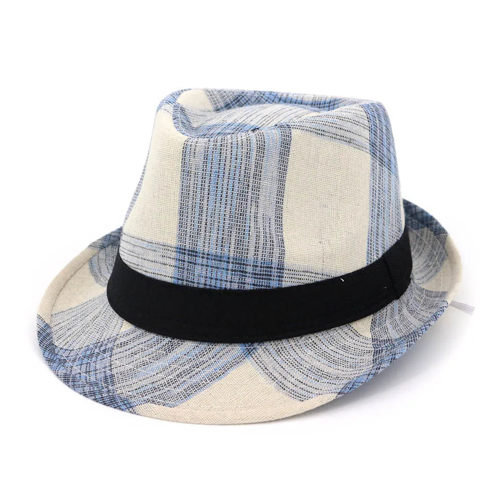 Casual blue polyester sun hat with a wide brim and bell-shaped crown on a wooden background.