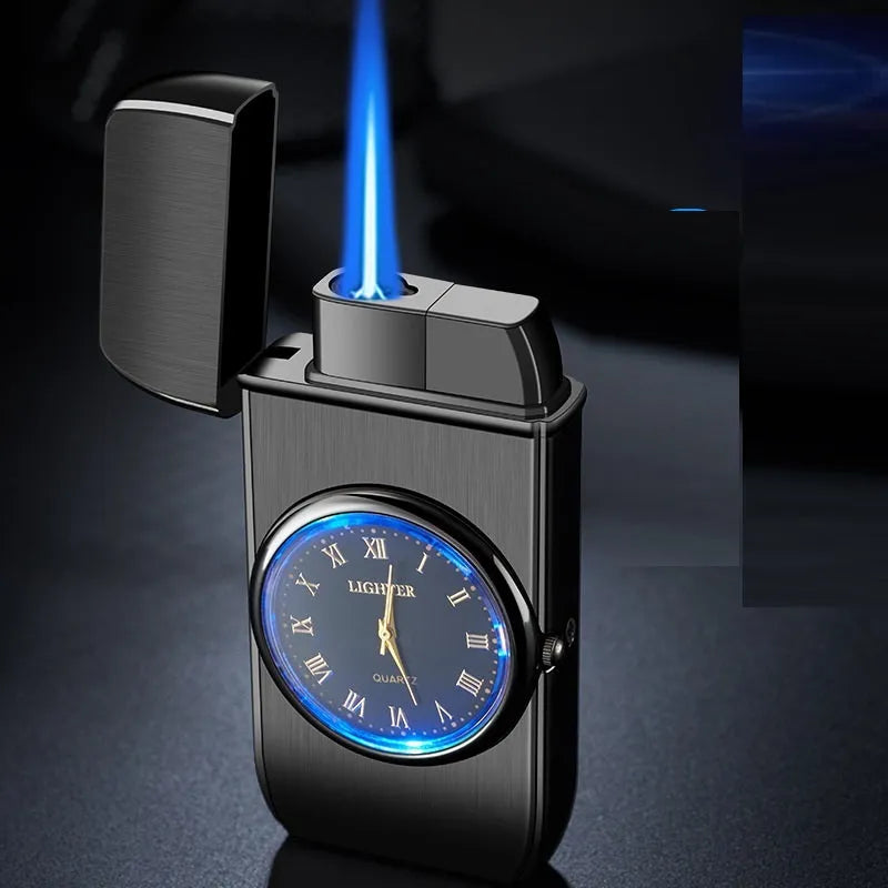 Electronic watch gas lighter with LED flash in black brushed metal finish.