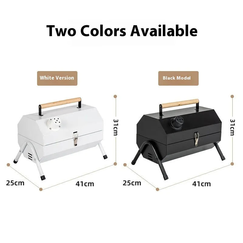 White round chimney oven style portable folding grill with carbon tanks for outdoor frying and baking.