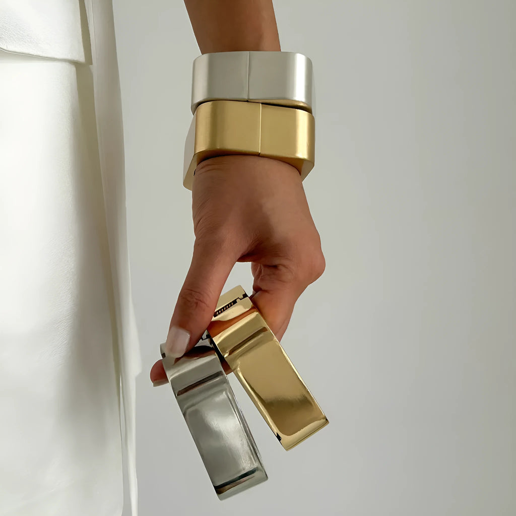 Geometric square mirror bracelet with glossy electroplated alloy finish in Gold or Silver Sweep colour