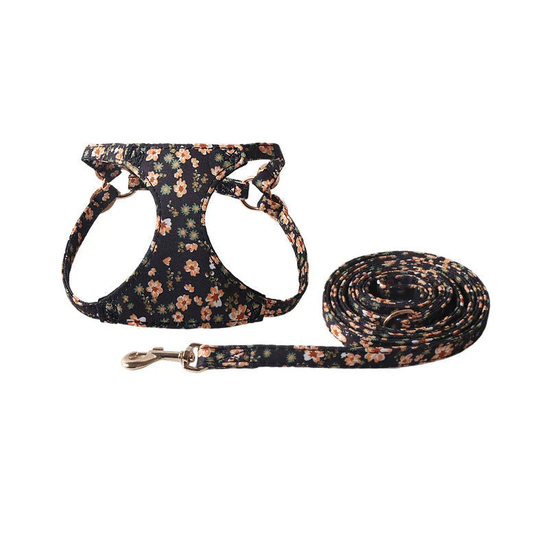 Floral pattern pet harness with matching leash for small dogs in multiple colour options
