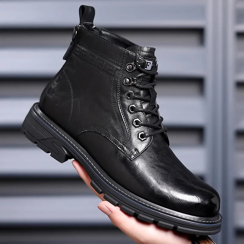 Men's black leather work ankle boots with patent finish and rubber sole for haulage motor environments