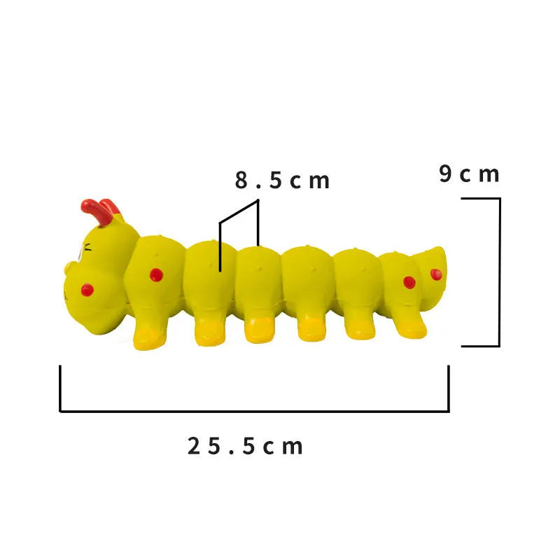 Yellow caterpillar-shaped rubber dog squeaky toy for small and medium dogs.