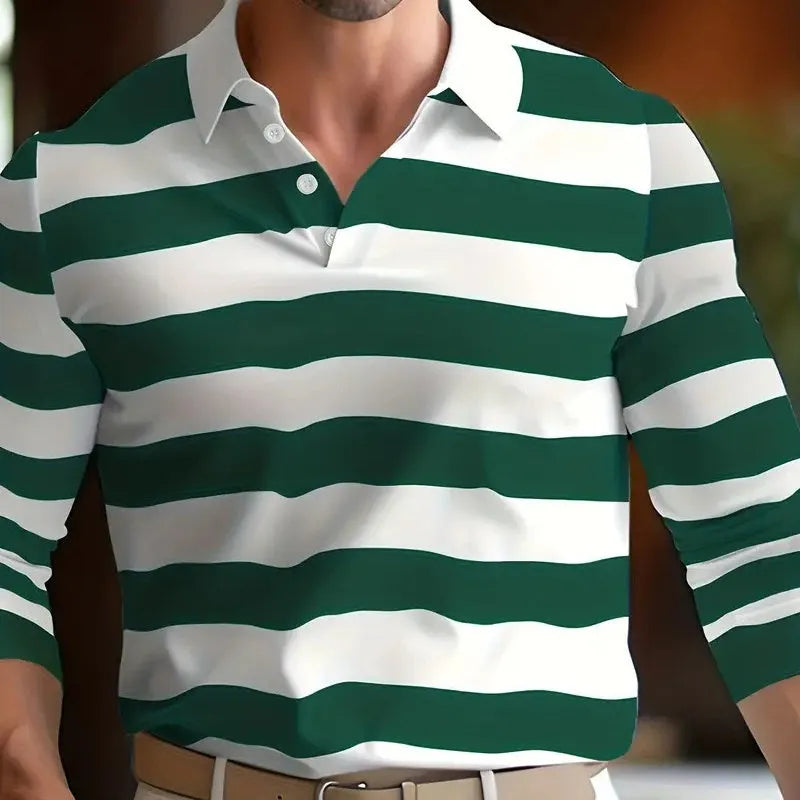 Men's loose fit long sleeve polo shirt with design buttons on placket