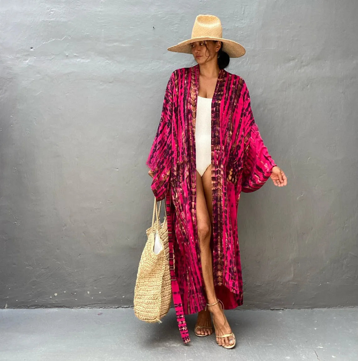 Printed loose-fit cotton beach cover-up shirt for sun protection over swimwear