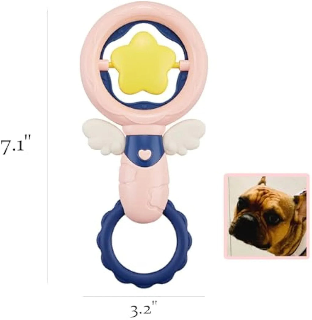 Four pink rubber dog toys including squeaky toys and dental chews for large breed dogs