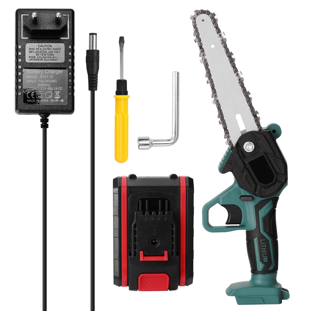 Green mini electric chainsaw with a 4-inch bar held in one hand, showing its compact and lightweight design.