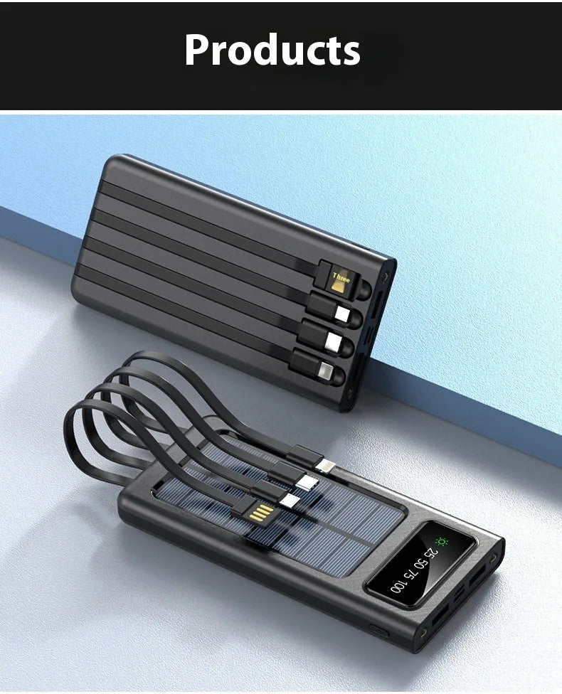Black or white 20000mAh solar power bank with cable, showing creative design and portable size