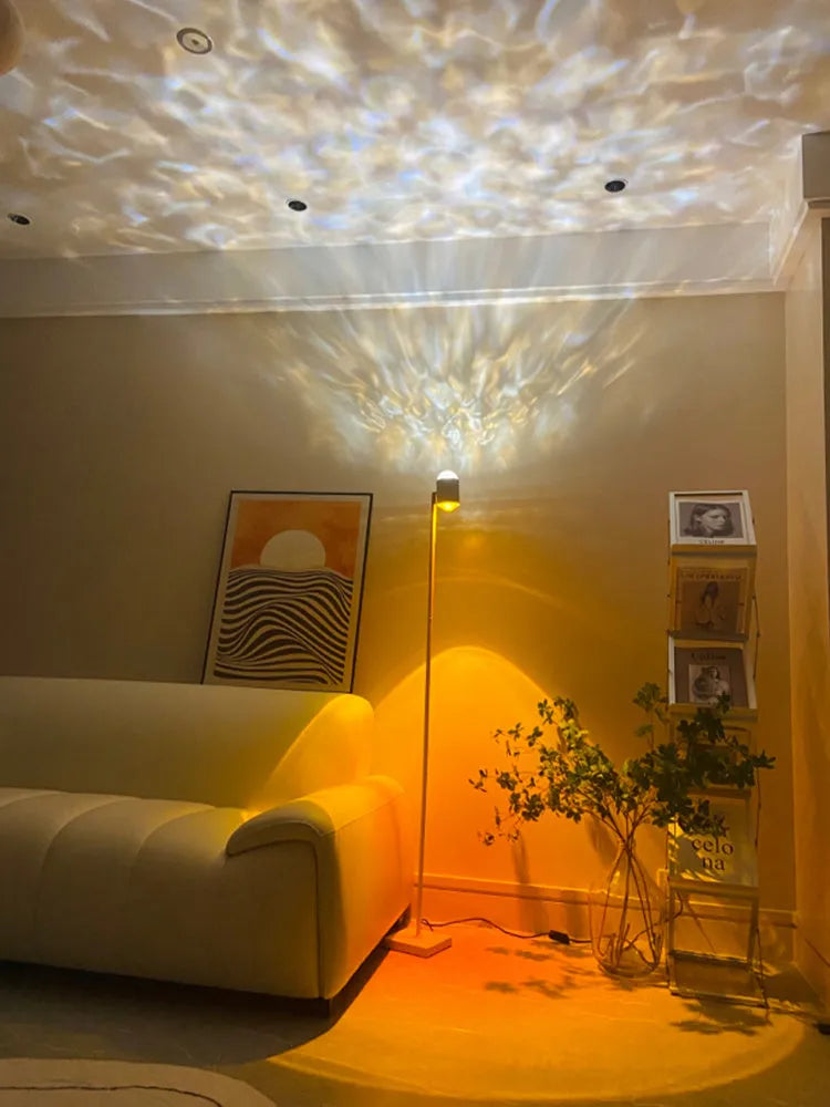 Modern sunset red floor lamp projecting a water wave light pattern on a wall, with four colour cards shown alongside.
