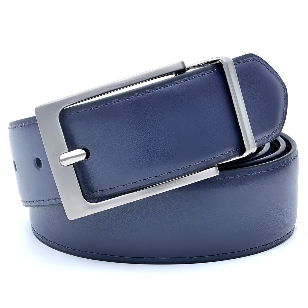 Men's brown and black genuine leather belt with a silver rotating pin buckle on a dark background.