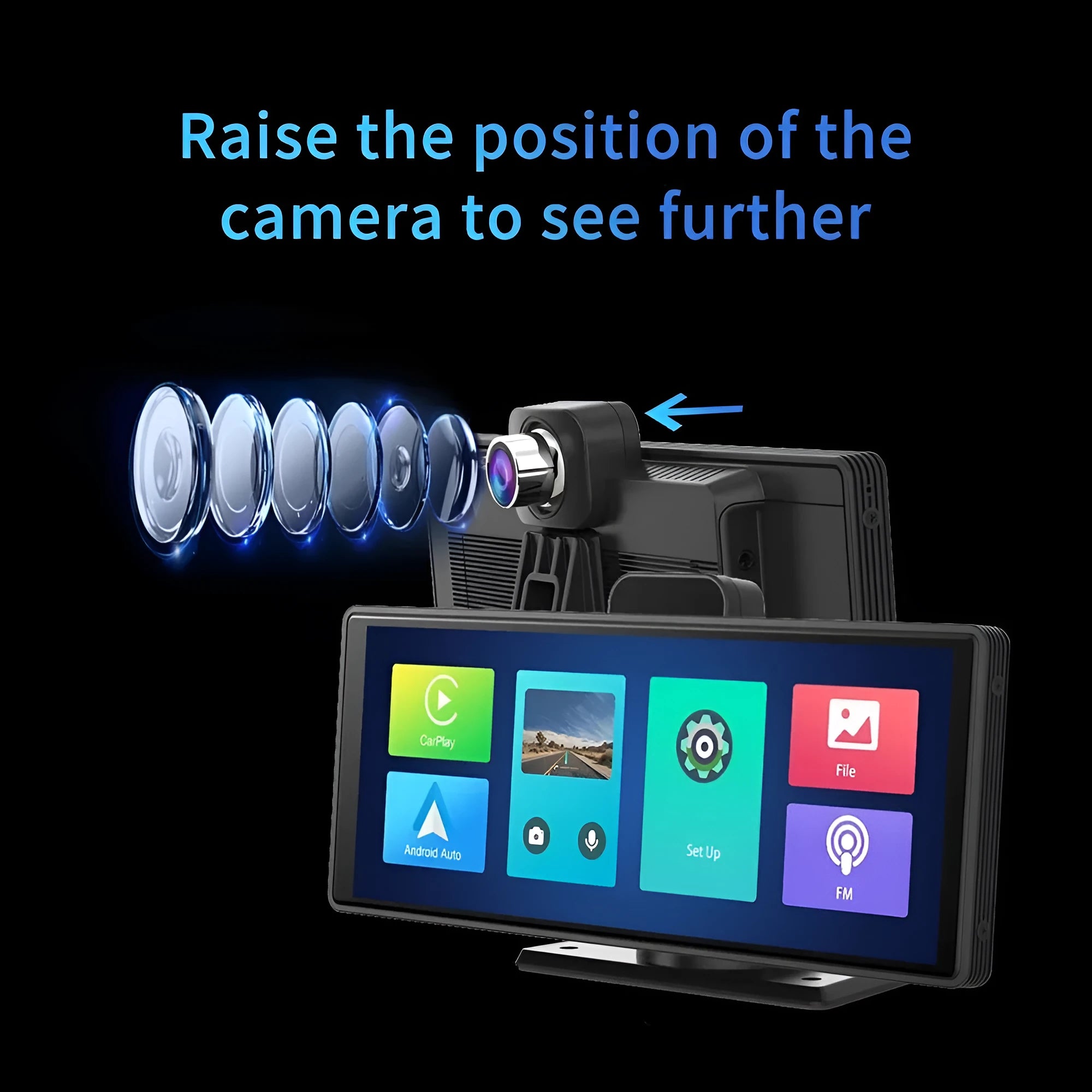 10.26-inch touch screen car DVR mounted on windscreen, showing split view of front road and rear camera footage.