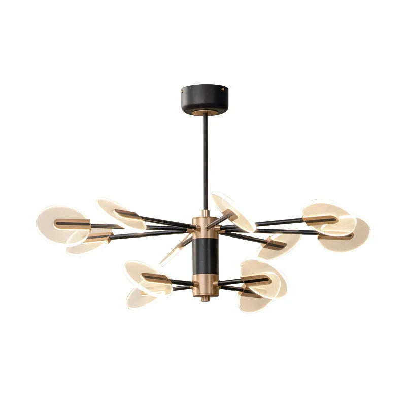 Nordic style iron frame LED chandelier with multiple acrylic shades, shown in a dining room setting.