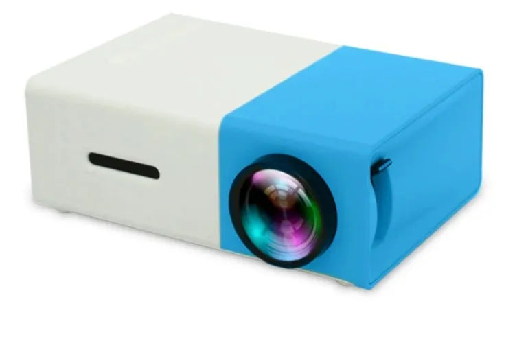 Compact black HD 1080P mini digital projector with UK power plug on white background
