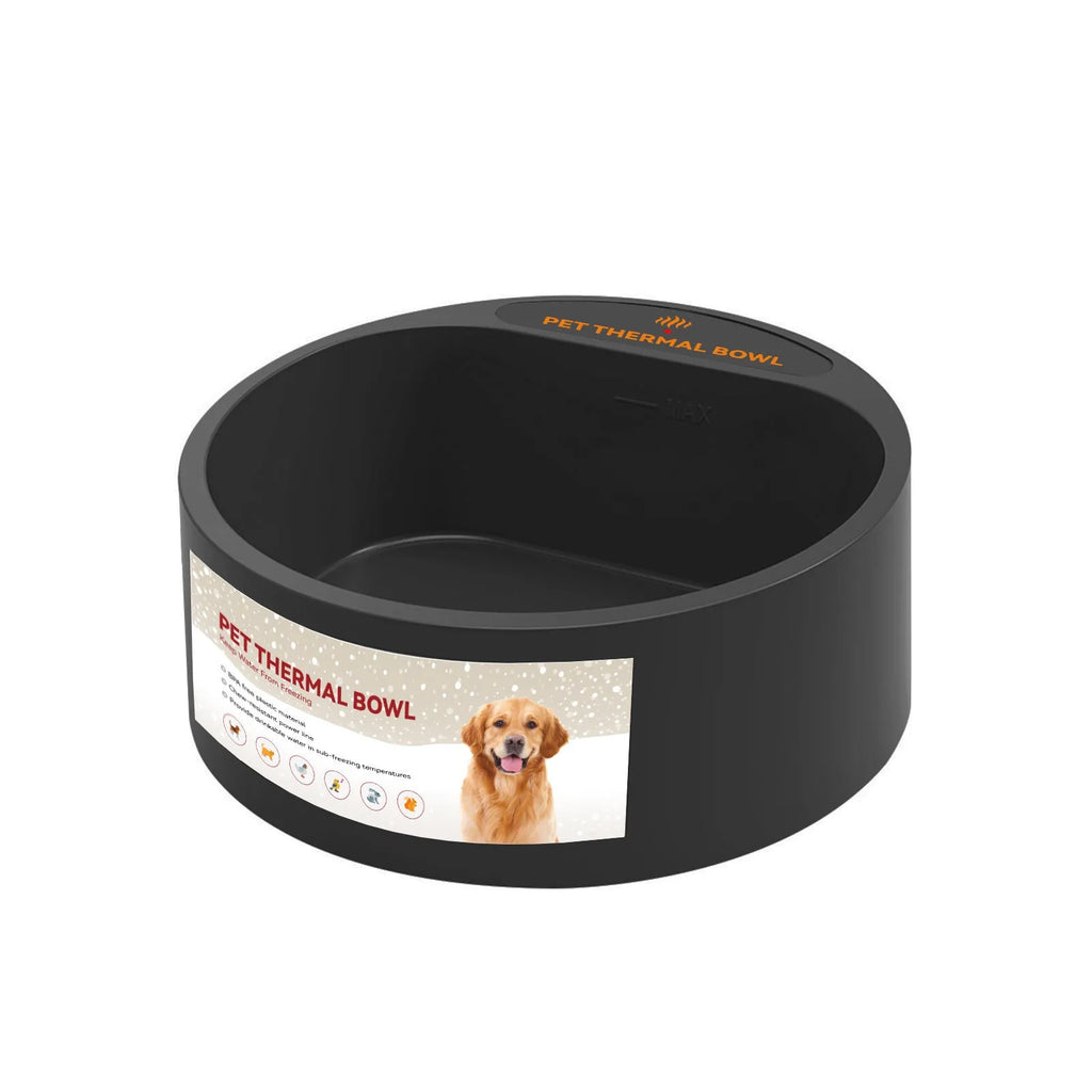 Black ABS pet heating bowl with 2.2L capacity and 35W constant temperature control.