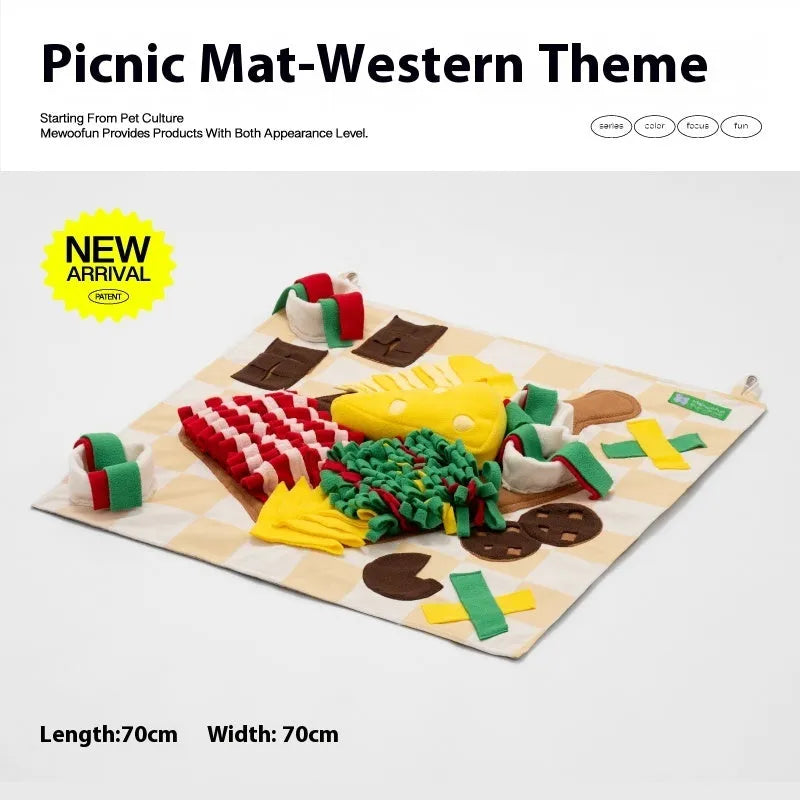 Plastic fabric dog sniffing mat with themed design for treat hiding and canine enrichment