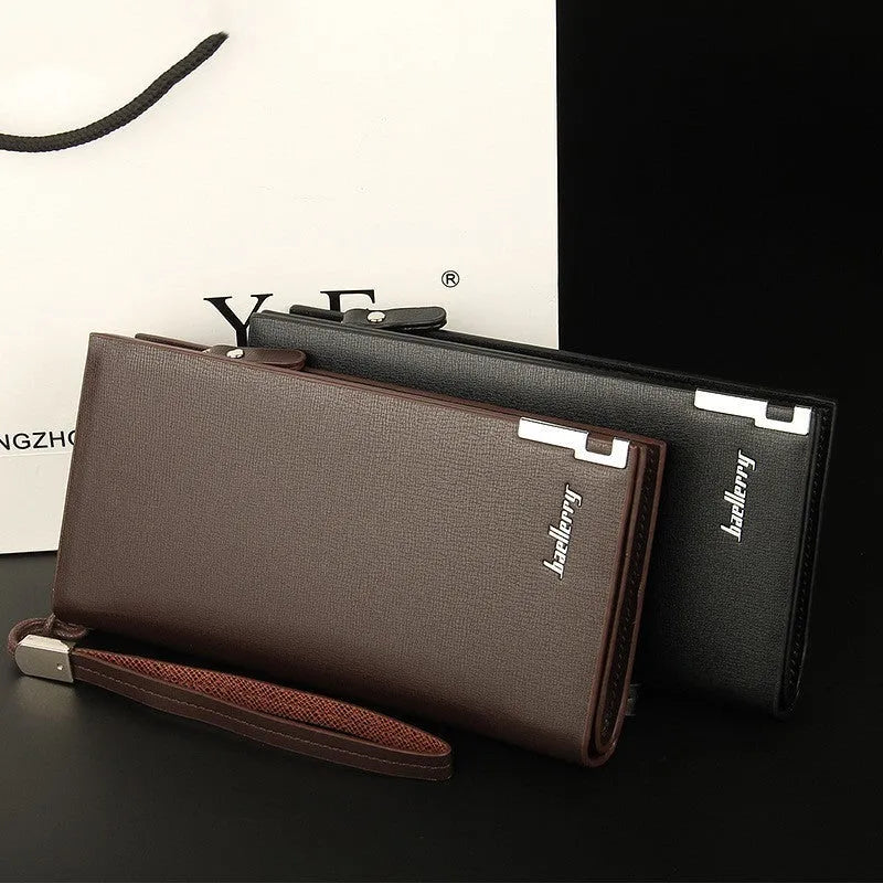 Men's long black PU leather zip wallet showing closed zipper and multifunctional design