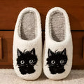 White plush couple slippers with a black beard cat cartoon pattern and a non-slip sole