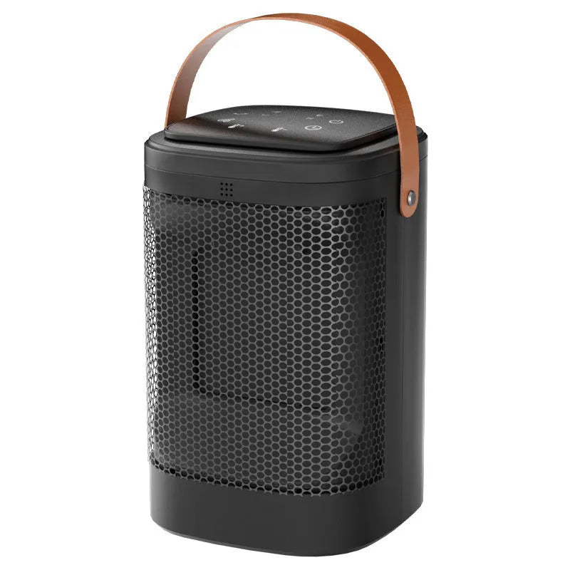 Silver 618 electronic model radiator fan heater with remote control on a wooden floor.