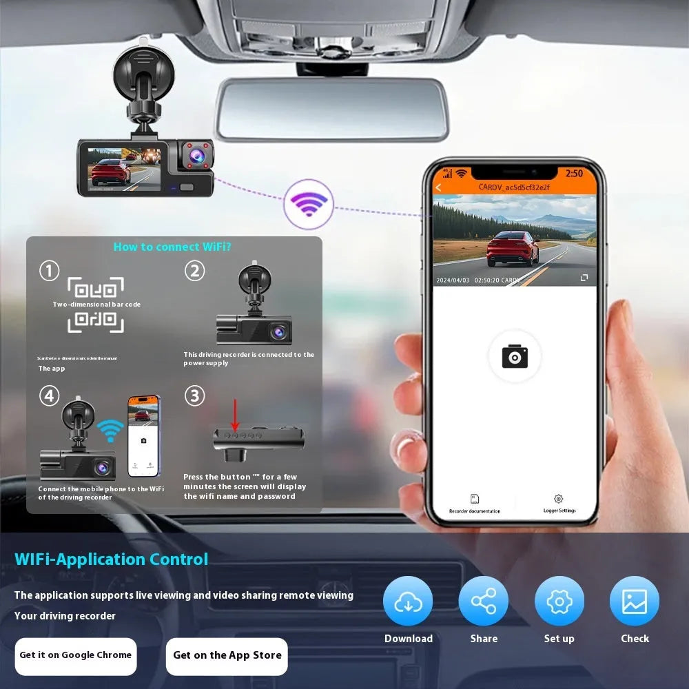 Black WiFi driving recorder with 2-inch screen mounted behind car rear-view mirror