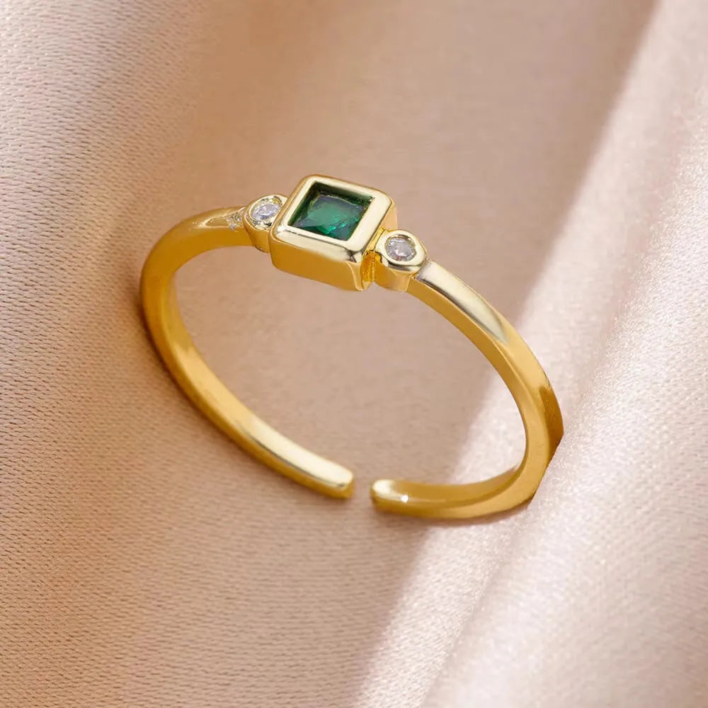 Adjustable 18K gold plated love emerald ring with synthetic zircon for women, open mouth copper design