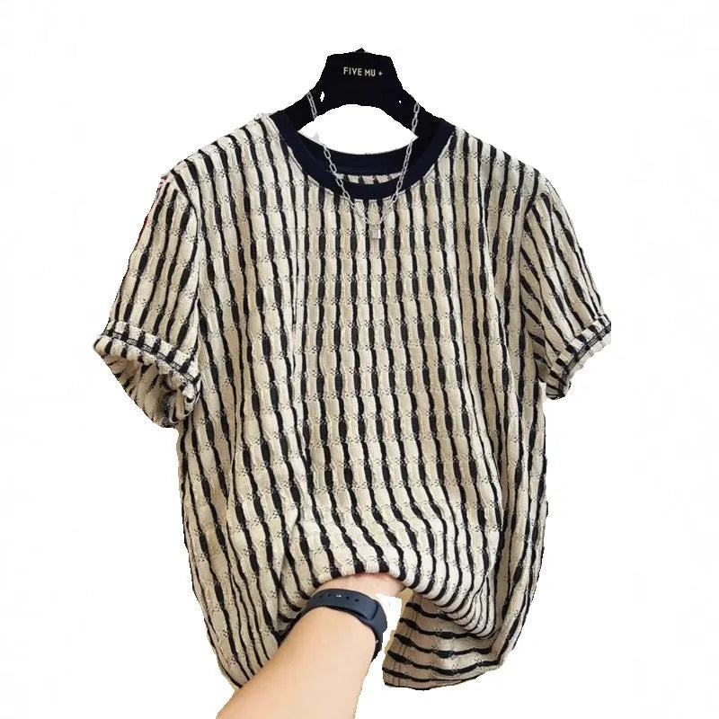 Men's black striped linen silk blend short sleeve shirt laid flat showing loose casual fit