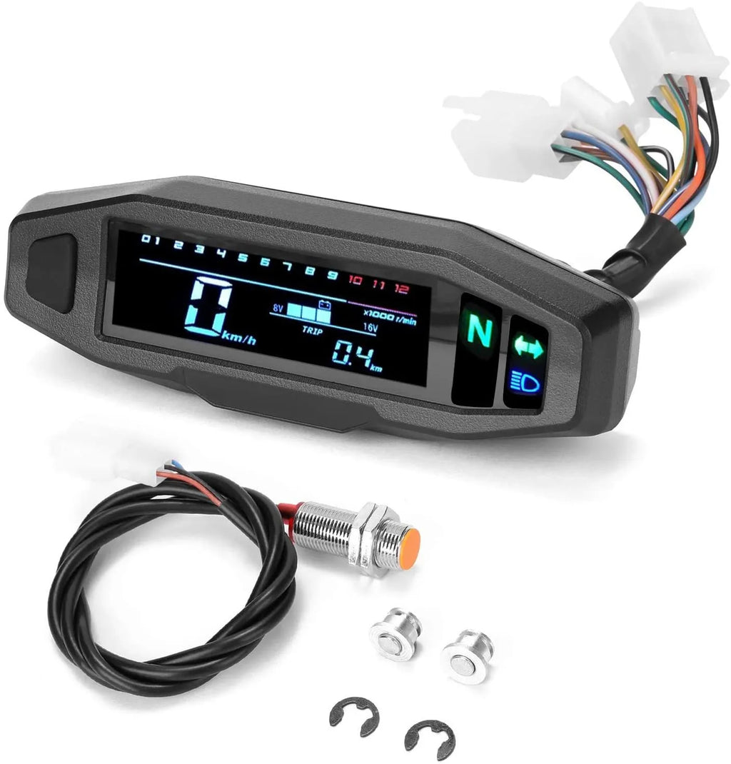 Black motorcycle mini speedometer LCD instrument with speed and oil gauge display.