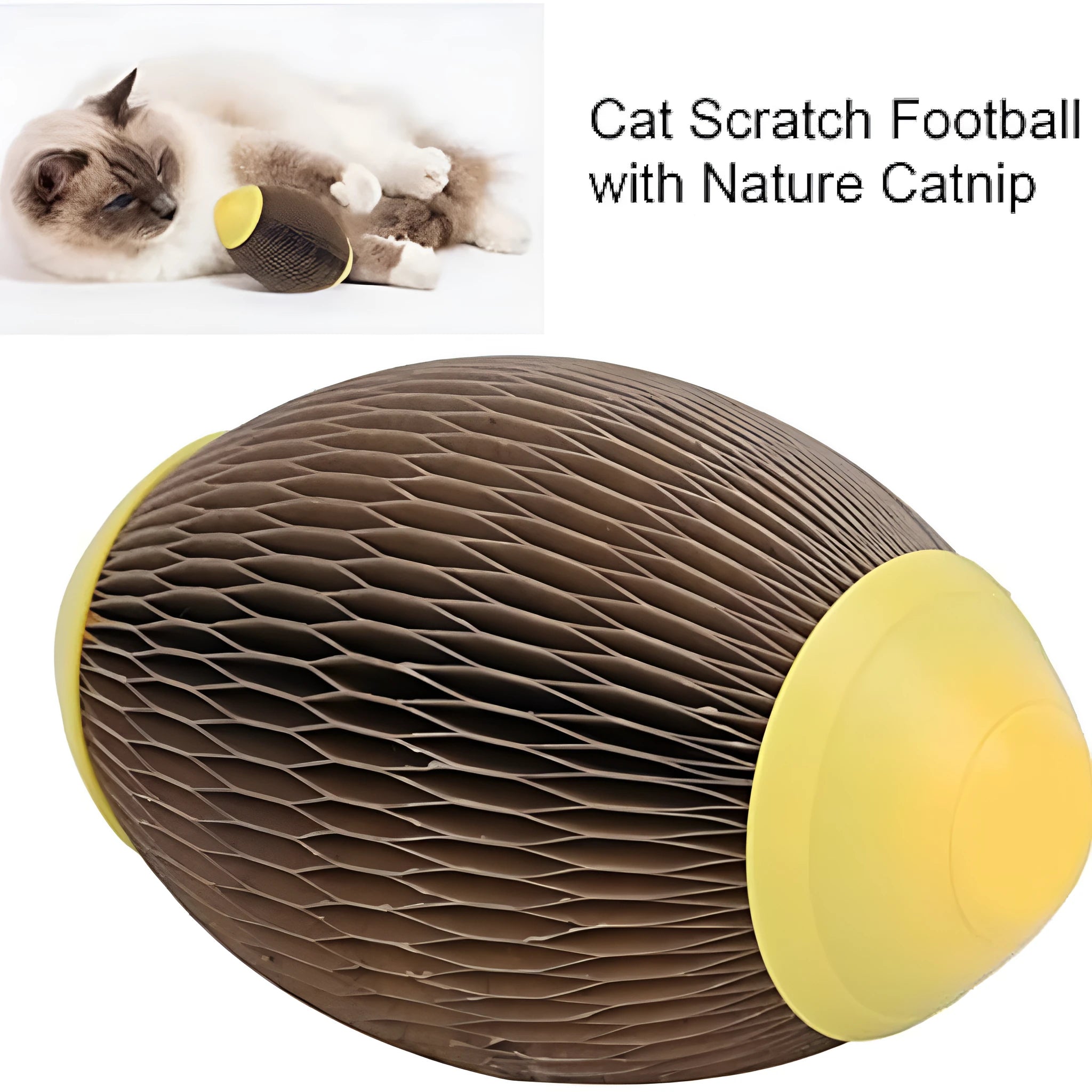 Elliptical corrugated paper catnip ball toy for scratching and play