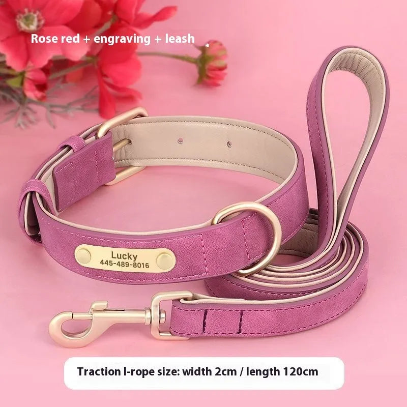 Double-layer leather dog collar with mohair trim and matching lead in blue, shown on a size chart.
