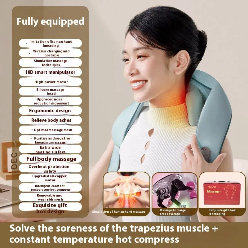 Blue foldable electric neck and back massager showing rechargeable design