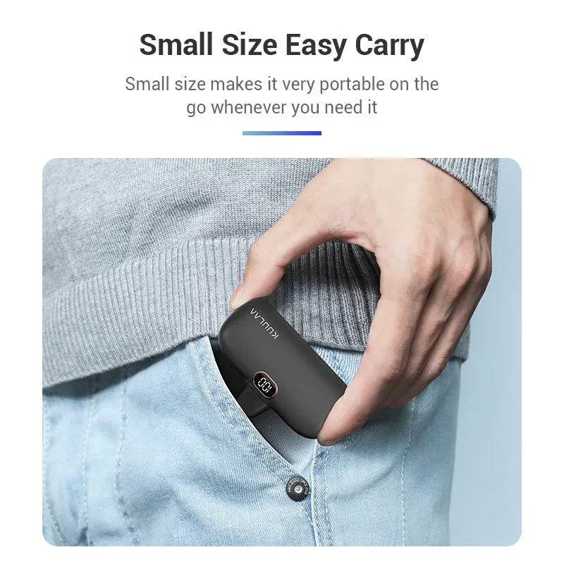 Cylindrical alloy power bank with built-in charging interface and LCD display, in black, white, or purple.
