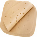 Stack of 200 natural colour oiled baking paper square sheets with holes for air fryer in 20cm and 23cm sizes