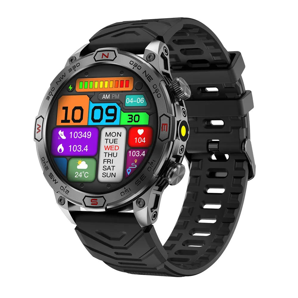 Sports smartwatch with AMOLED display on a silicone strap, showing a fitness tracking interface.
