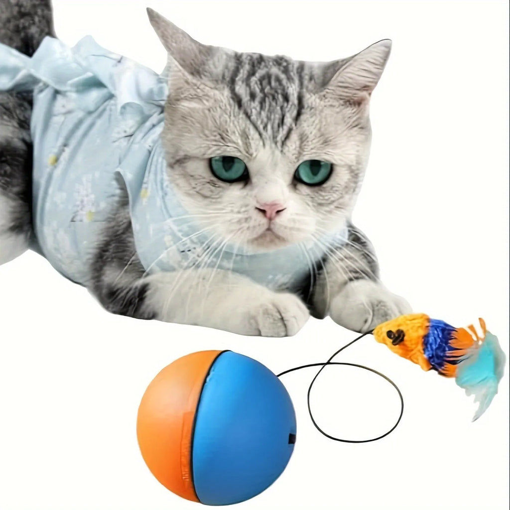 Interactive cat toy with blue and orange ball attached to plush mouse on neutral background