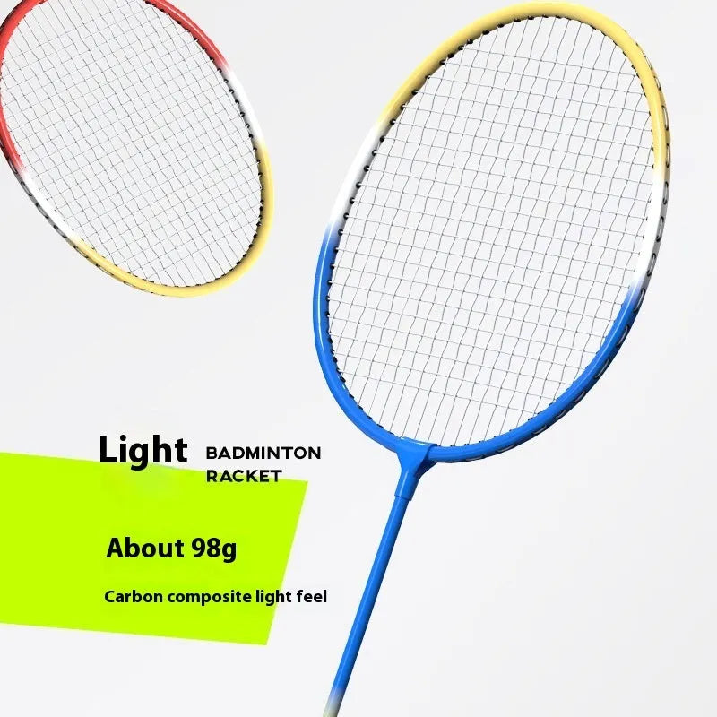 Pair of ultra-light blue and red alloy badminton rackets from a full sports set.