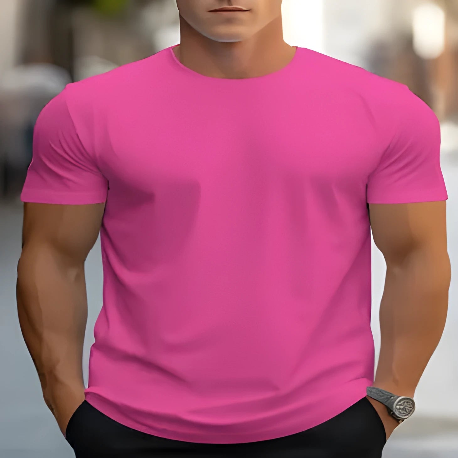 Men's loose fit printed t-shirt in bird eye polyester fabric with round neck and short sleeves