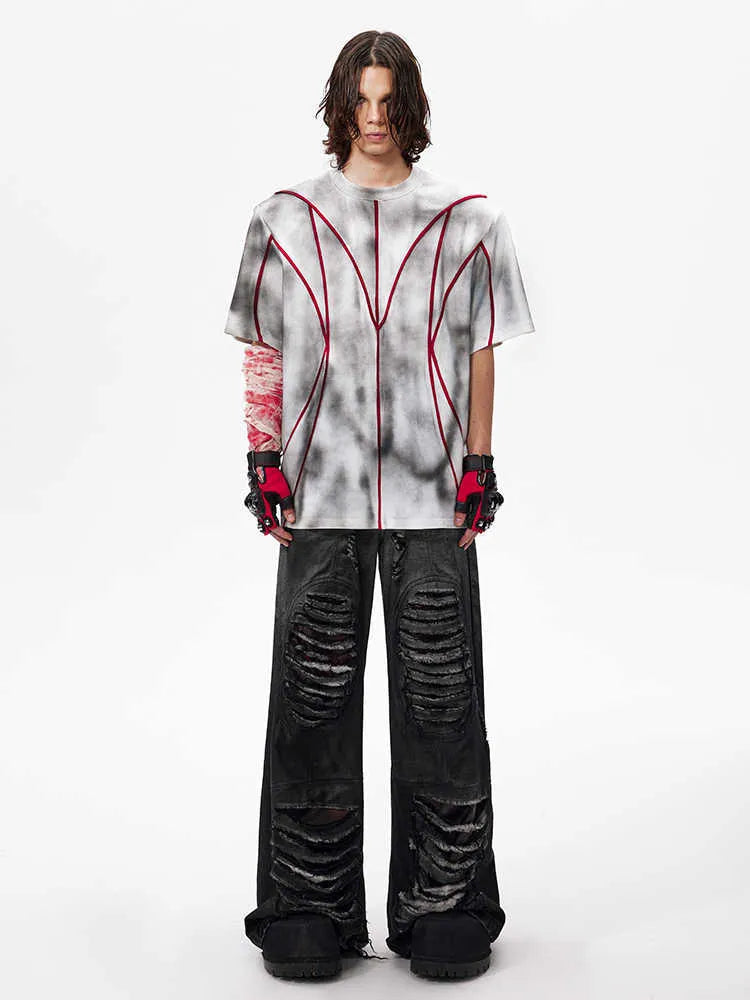 Women's short sleeve T-shirt with padded shoulders and textured line patchwork detail on a round neck.