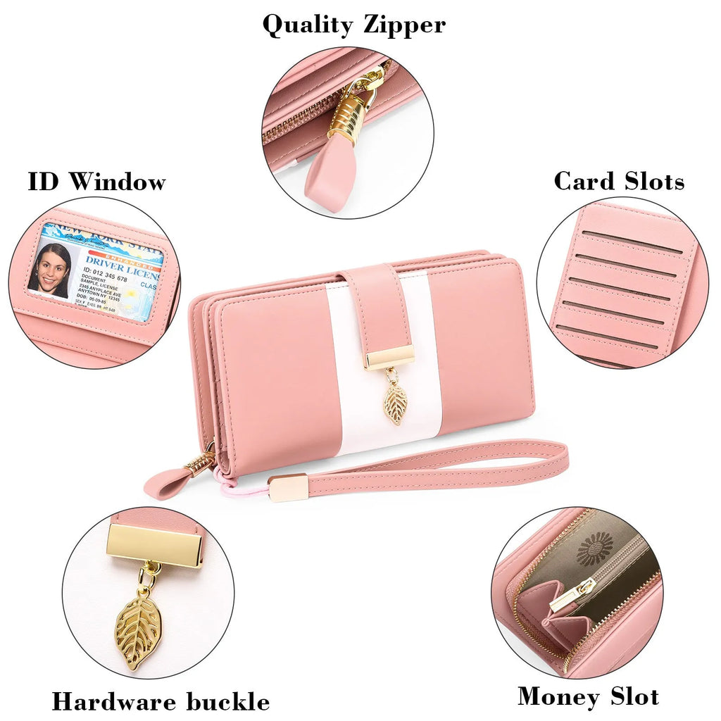 Midnight black PU leather anti-theft clutch bag with zip open, showing fold-out wallet section and microfiber lining.