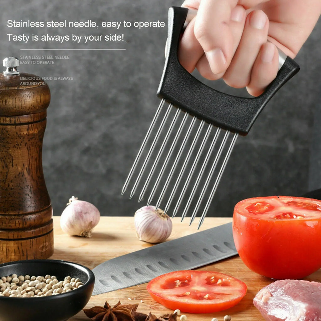 Stainless steel onion and tomato holder slicer with ABS handle on a kitchen worktop.