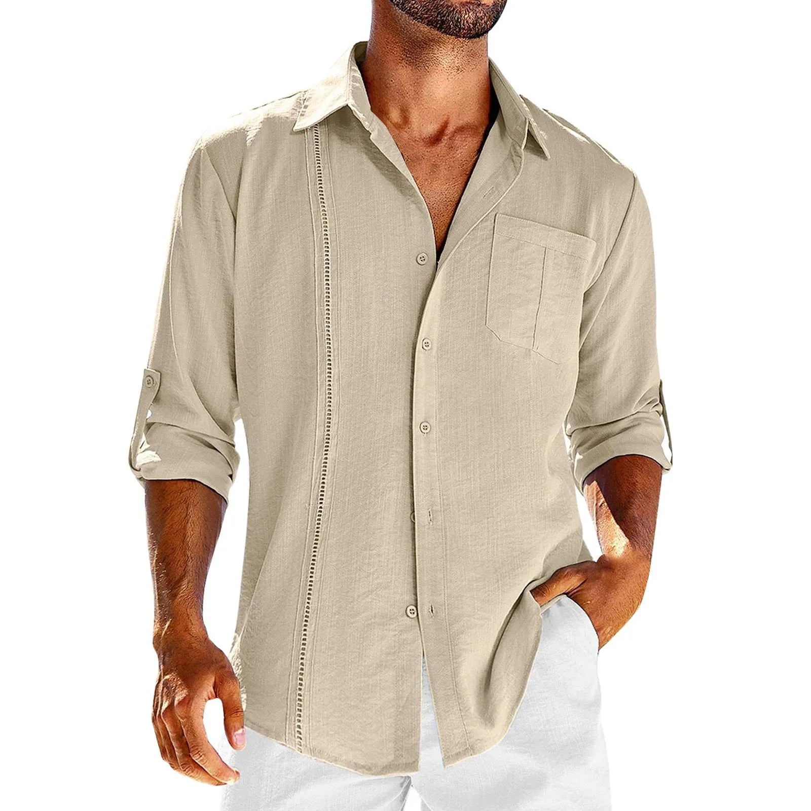 Men's grey casual long sleeve button-up shirt with polo collar and lace-trimmed chest pocket.