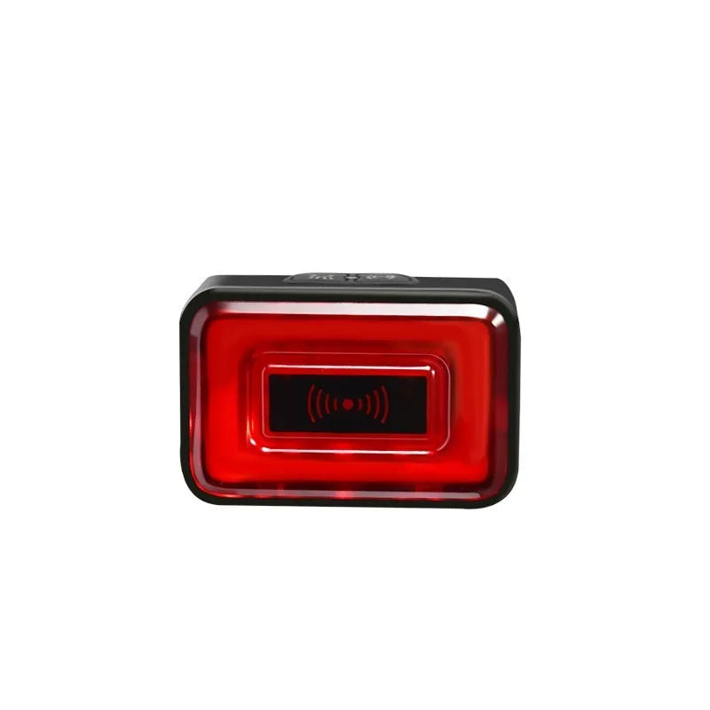 Black radar bicycle taillight with dual mounting bracket, showing TYPE-C charging port and LED lens.