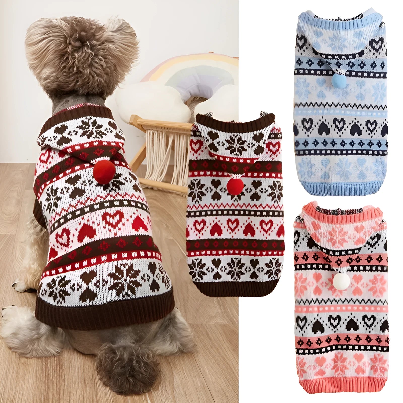 Striped camouflage knitted dog sweater with snowflake pattern in blue, grey or pink