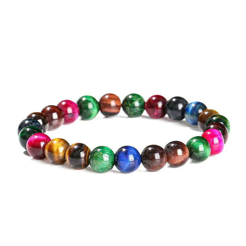 Colourful tiger's eye natural stone bracelet with round beads on a string lace, shown in unisex design.