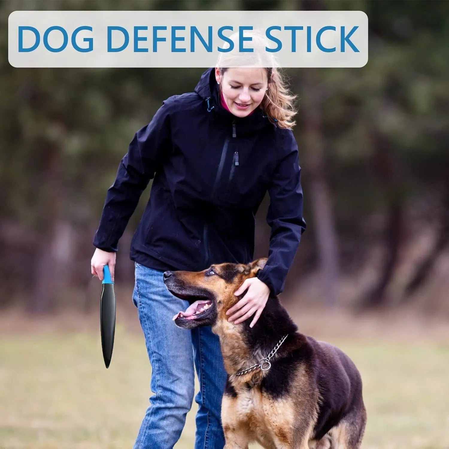 Blue handled nylon dog break stick for training, shown next to a measuring tape indicating 35 cm length.
