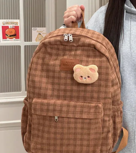 Corduroy checked backpack in khaki with computer pocket, 42x30x15cm, retro campus style