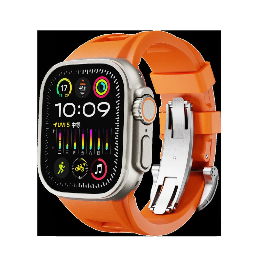 Orange liquid silicone watch strap with silver folding buckle for 42-49mm smartwatch case