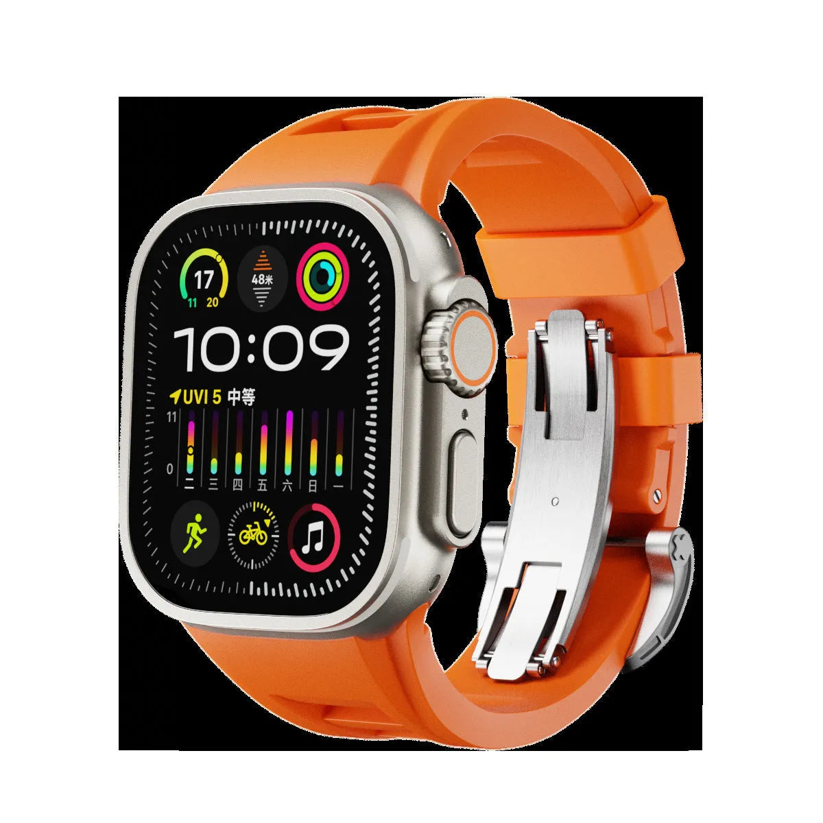 Orange liquid silicone watch strap with silver folding buckle for 42-49mm smartwatch case