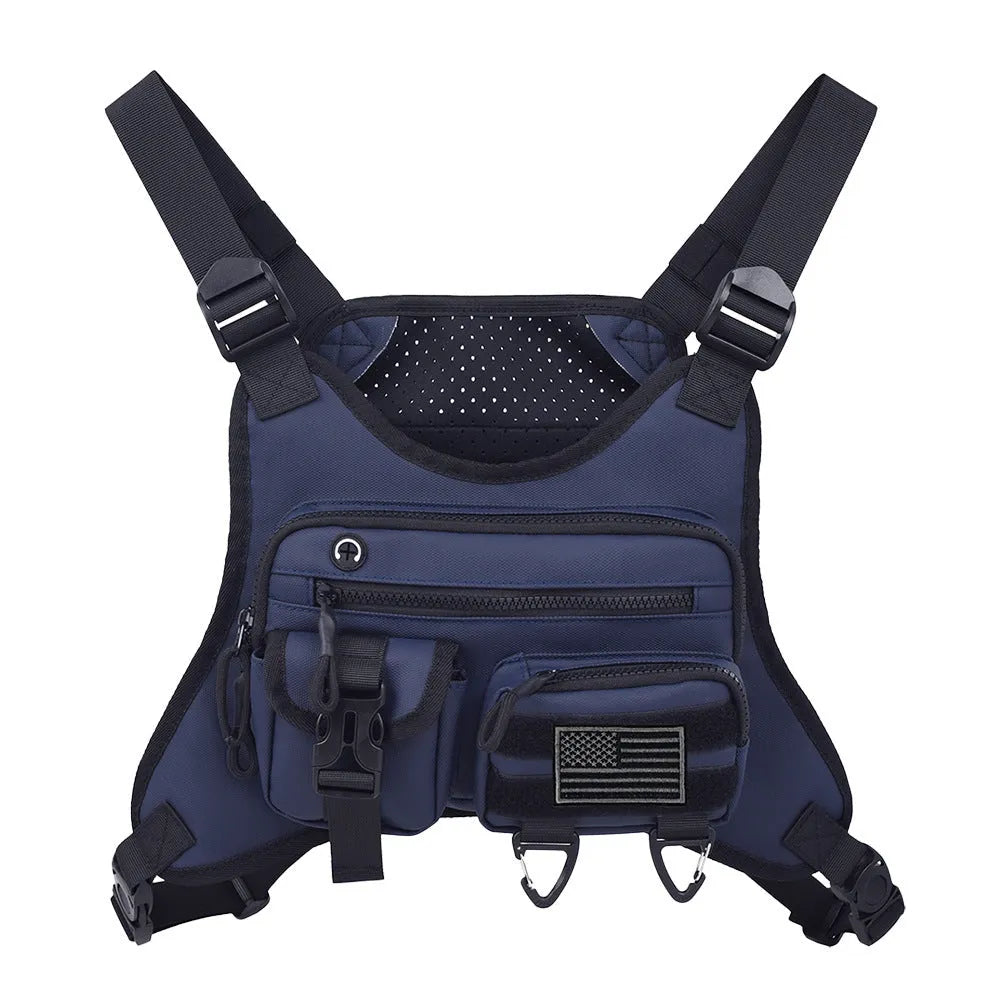 Black outdoor chest bag with adjustable straps, made from Oxford cloth with visible sewing lines.