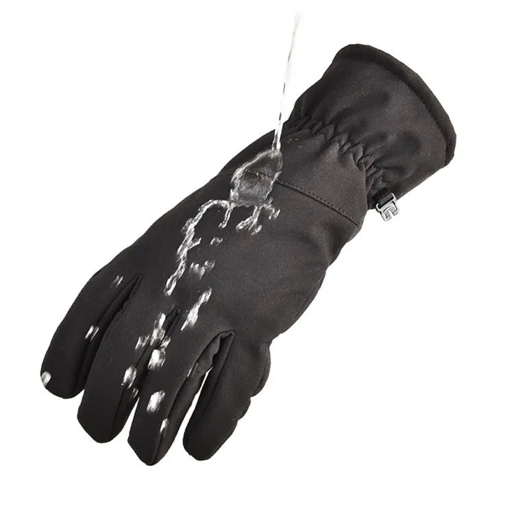 Army green tactical ski gloves with anti-slip palms on a snowy background.