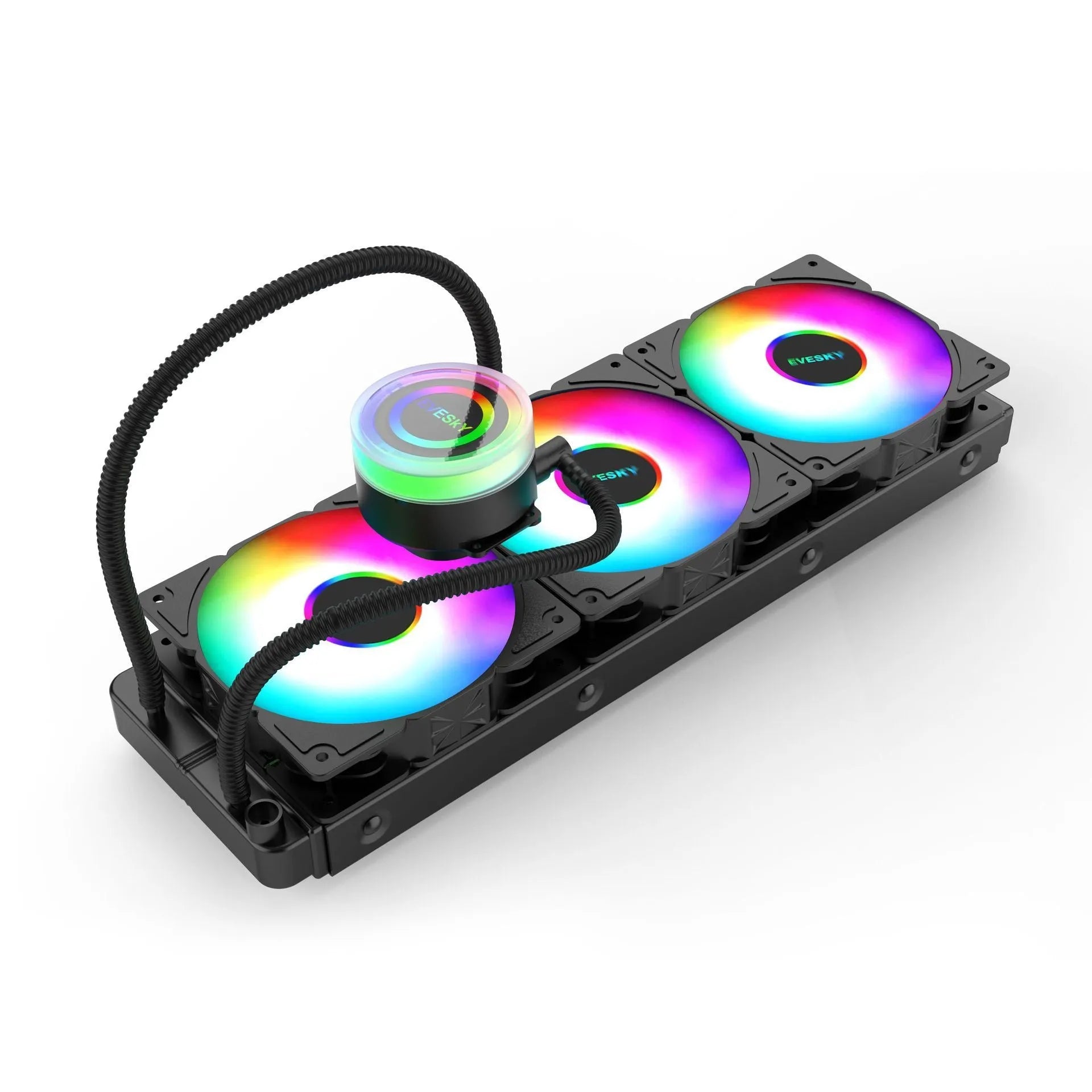 Aluminium CPU radiator with silent fan, showing multi-angle mounts and available in 120mm, 240mm, 360mm sizes